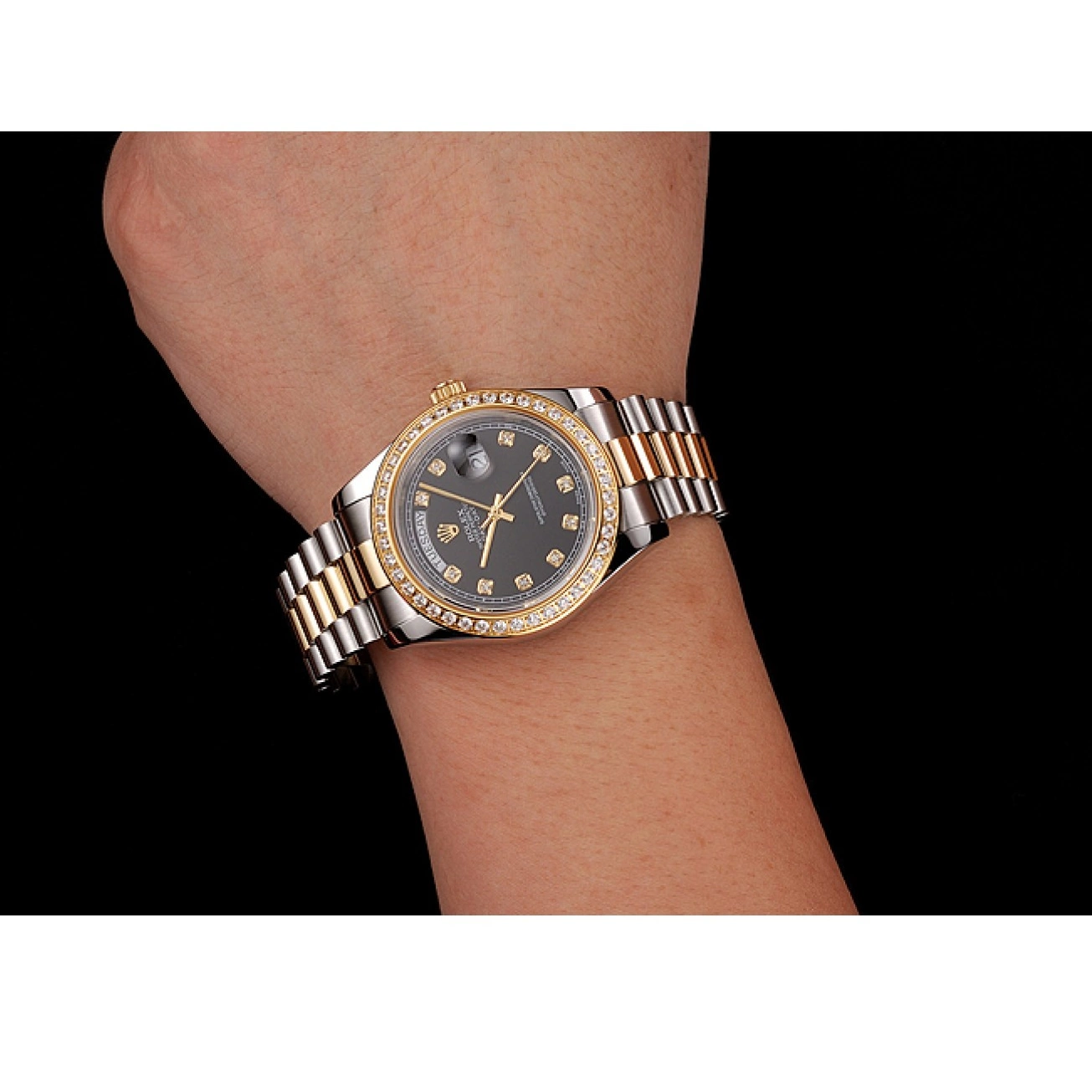 Good copy rolex watches Steel Case Dial Black Two Tone Gold Rolex 1453975 Bracelet Stainless Diamond Swiss Day-Date 0716
